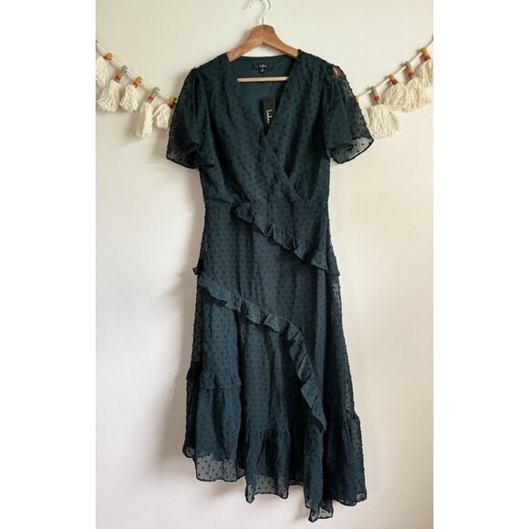 Lulus Next To You Emerald Green Swiss Dot Ruffled Midi Dress Romantic Feminine M - Picture 1 of 10